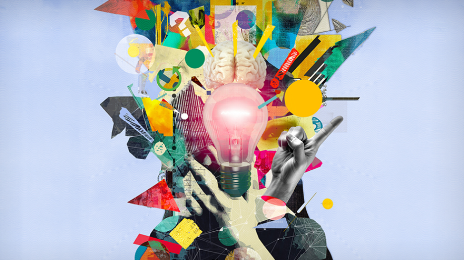 Multimedia collage featuring multicolour assorted cutouts behind a cutout of black and white hand holding a glowing lightbulb